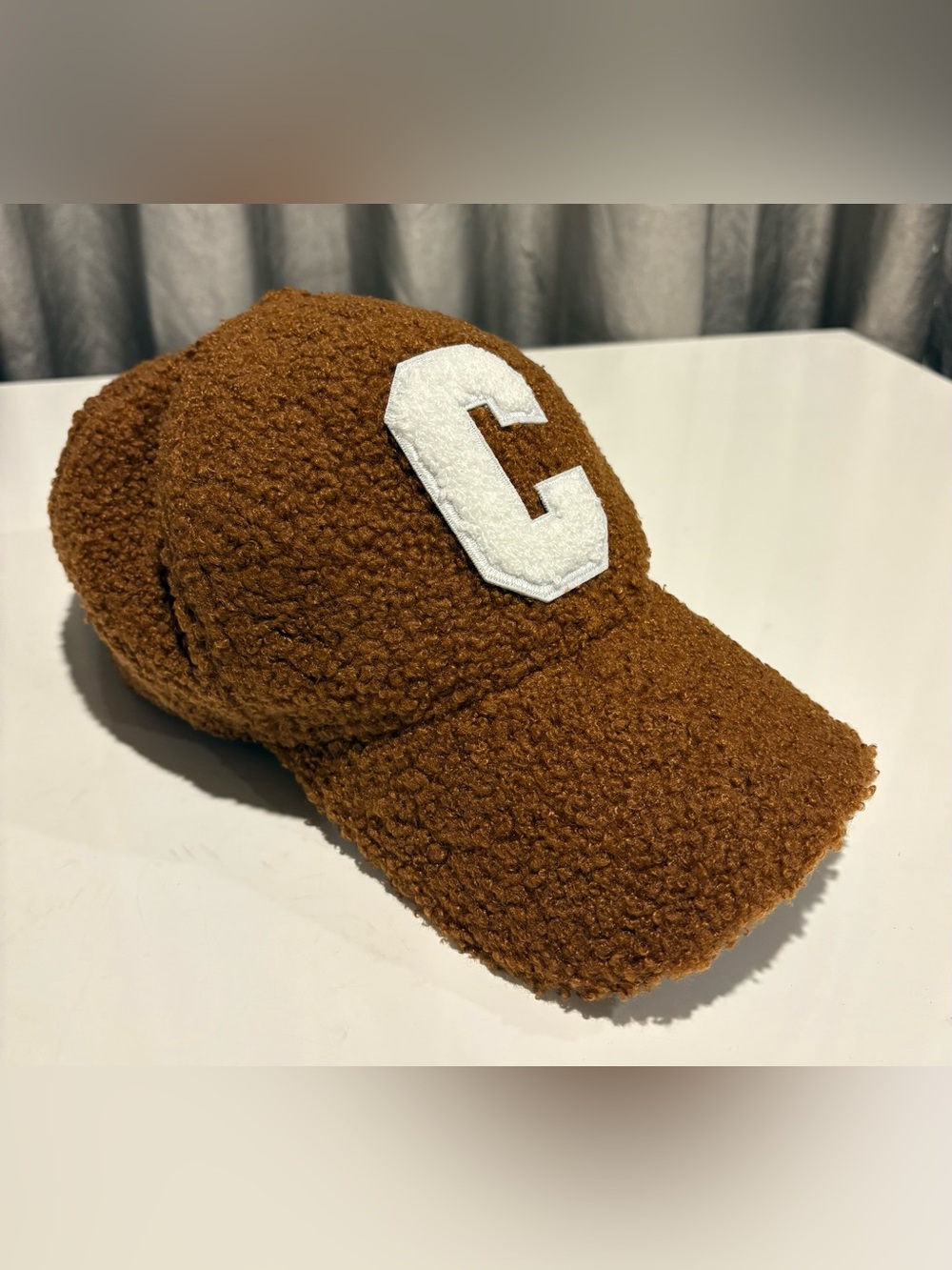 Cozy Brown Teddy Fleece Baseball Cap with White 'C' Patch